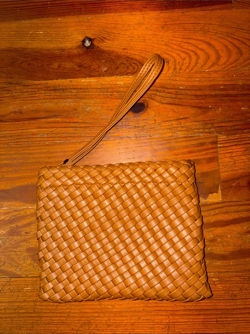 Woven Leather Wristlet Clutch - Tan